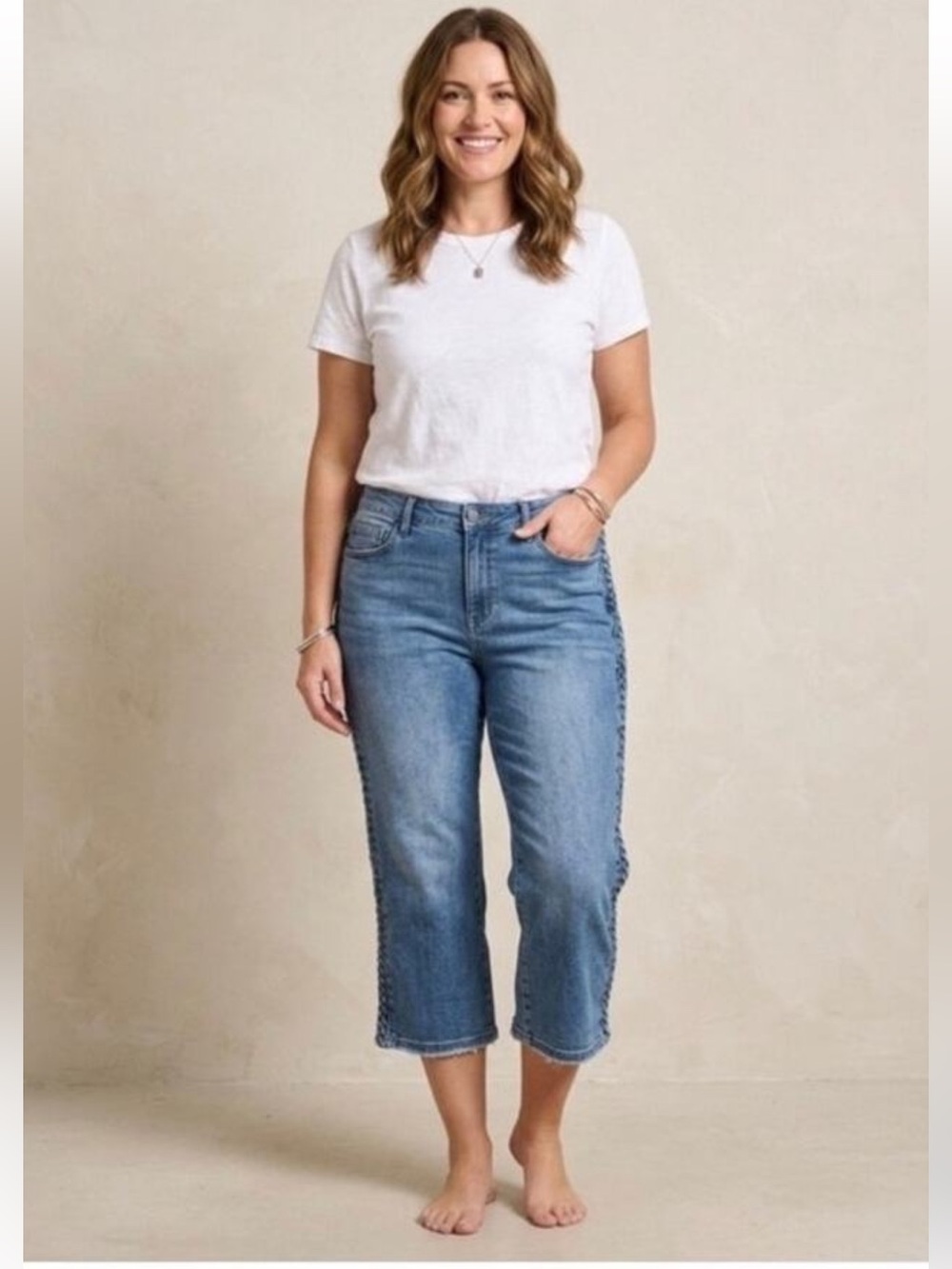 Judy Blue Cropped Wide Leg Jeans with Side Braid Detail